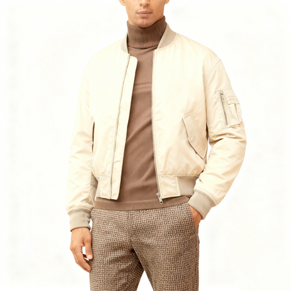 Beige Satin Bomber Jacket with Arm Pocket