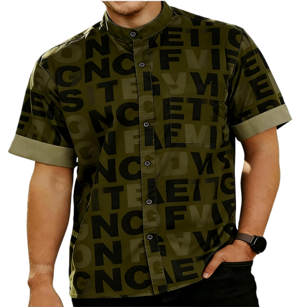 Olive Green Mandarin Collar Shirt with All-Over Black Letter Print