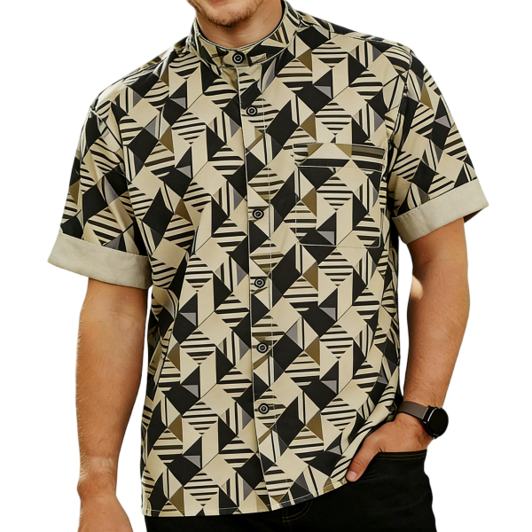 Beige & Black Geometric Mandarin Collar Shirt