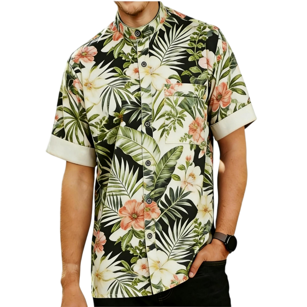 Black & White Tropical Floral Mandarin Collar Shirt
