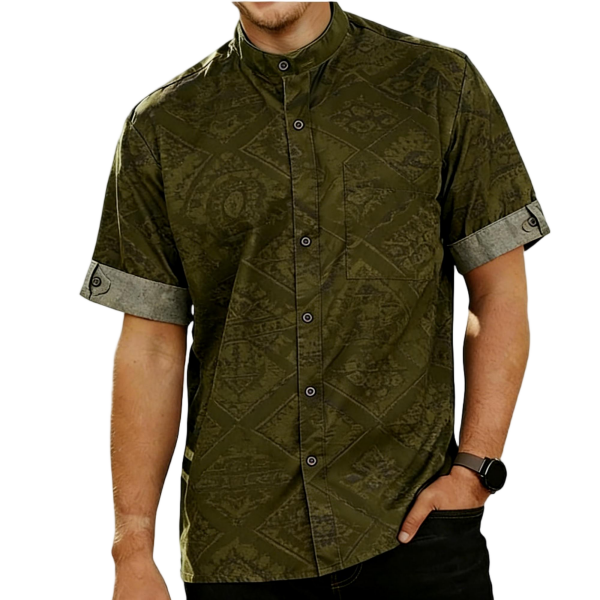 Olive Green Mandarin Collar Shirt with Subtle Vintage Pattern