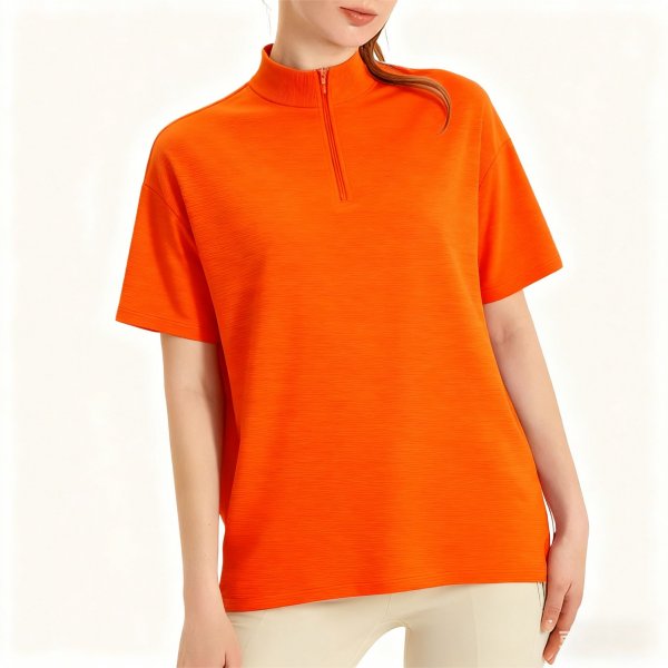 Orange Half-Zip Textured T-Shirt