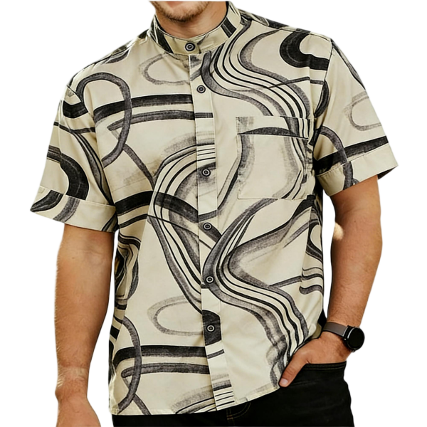 Beige Mandarin Collar Shirt with Black Wavy Line Pattern