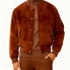Brown Suede Button-Front Bomber Jacket